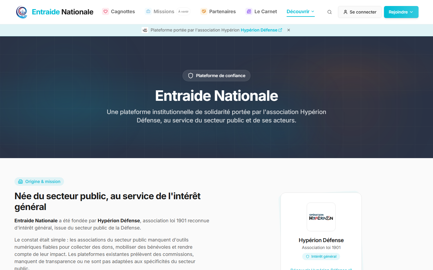 "Origin & mission" page explaining the platform, built by Hyperion Défense for the public sector