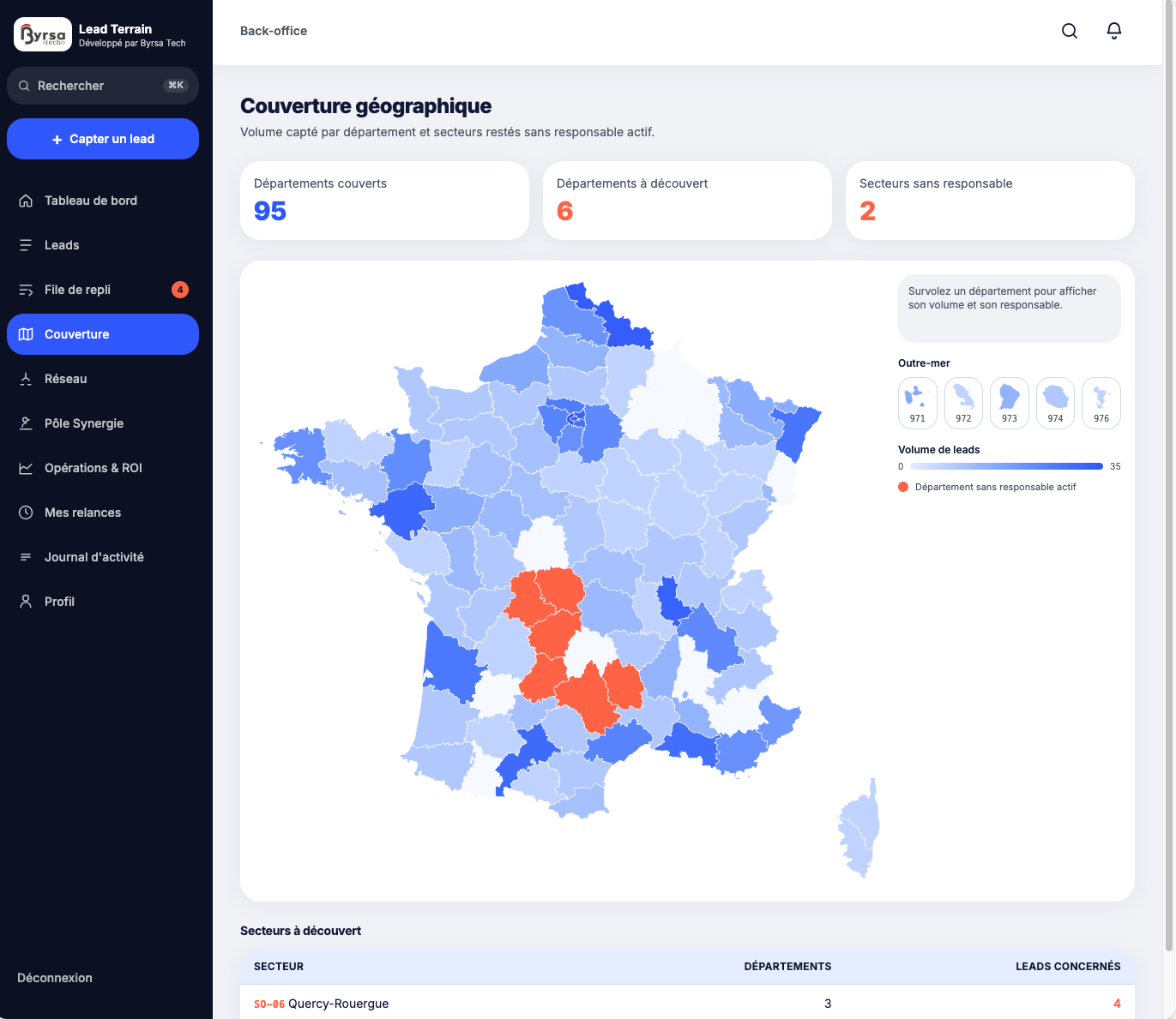 Carte de couverture géographique des leads par département